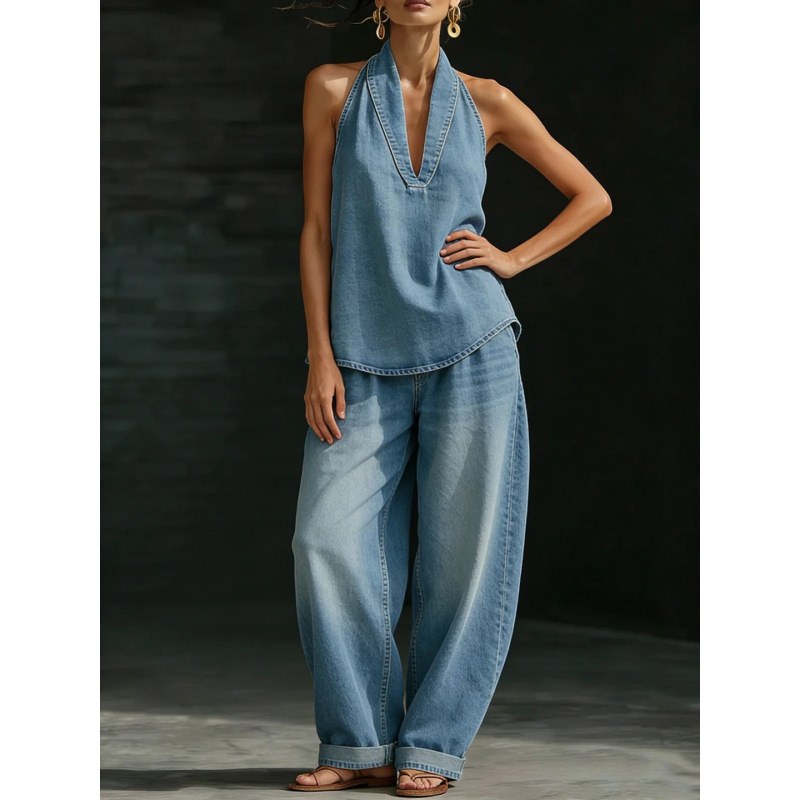 Womens Distressed Bleached Denim Set With A Natural Vibe - Image 3