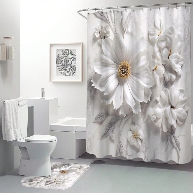 Simple Floral Pattern Waterproof Shower Curtain Suit - Image 3