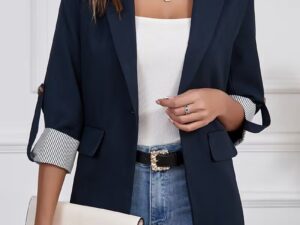 Women's Elegant 3 4 Sleeve Blazer Jacket. Solid Color Button Front H Line Suit Coat, Machine Washable All-Season Professional Outerwear For Office & Formal Events, Versatile Blazer For Year Round Wear