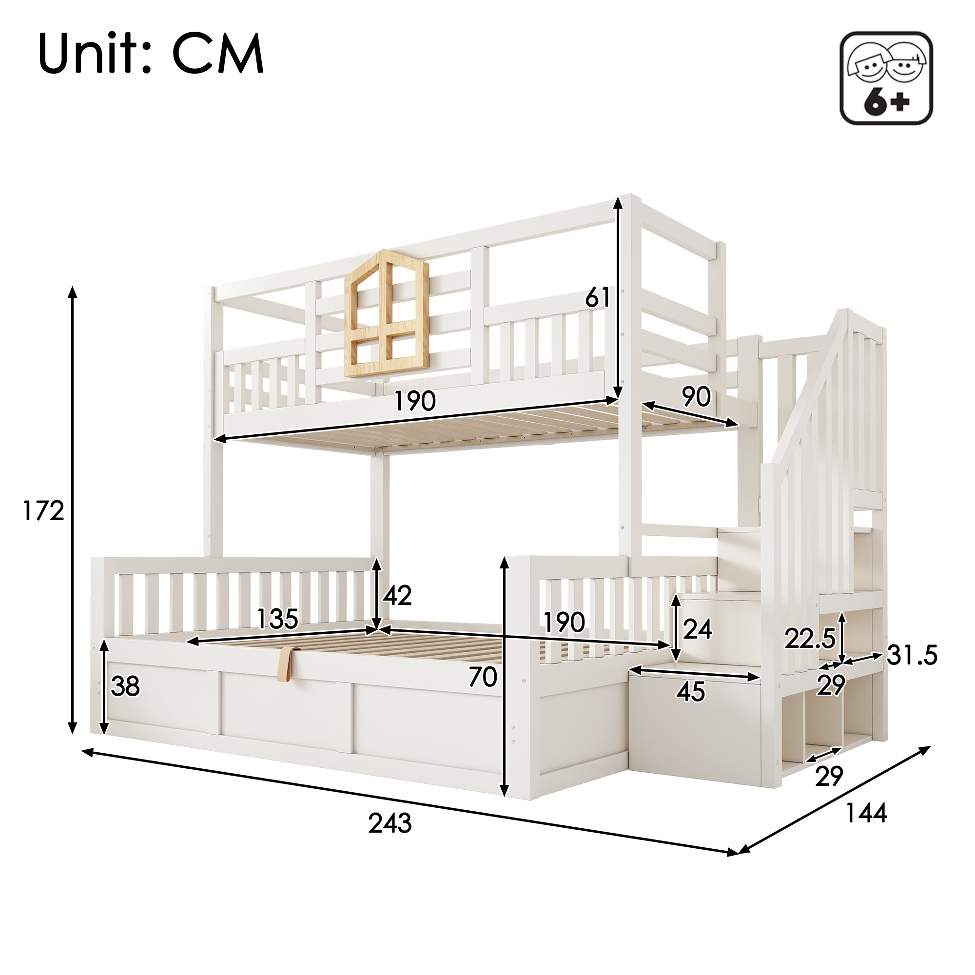 Bunk Beds For Kids, Staircase Bunk With Hydraulic Storage, Children S Bed With Storage Cube, Double Bunk Bed For Family With Multiple Children, 90 135 X 190 Cm, Solid Wood, White - Image 2