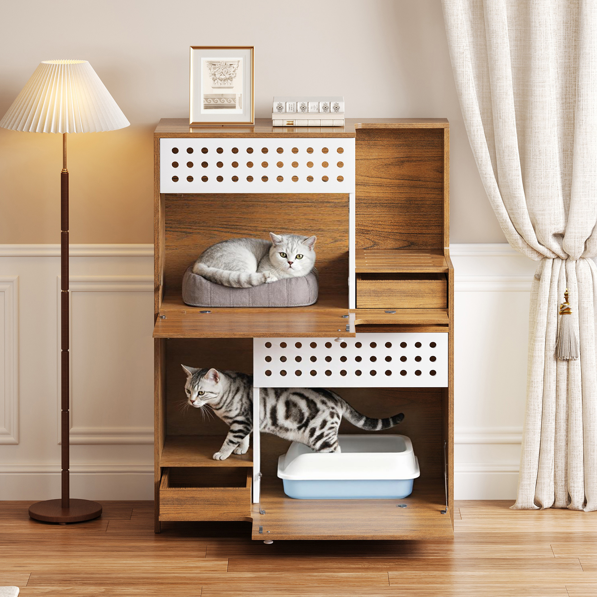 Modern 2 IN 1 Cat Furniture, Cat Litter Box Enclosure Side Table, Cat House With Storage, For 2 Small-Medium Sized Cats - BROWN - Image 2