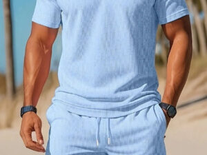Men's Casual Beach Mesh Lapel Set Summer Comfortable Breathable Loose Solid-Color Sports Short-Sleeved Shirt And Shorts Set