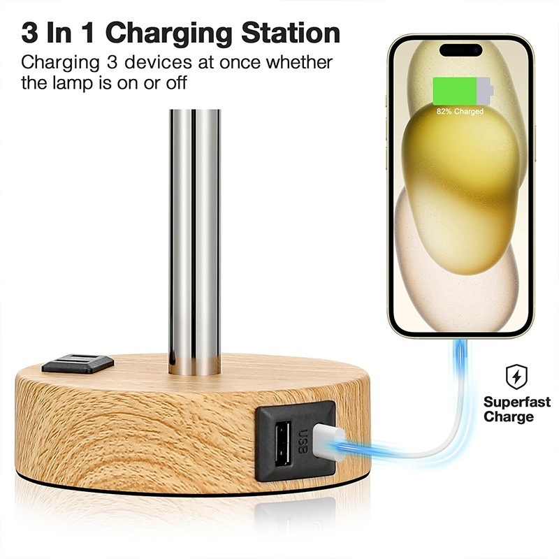 Bedside Lamps With 3-pin Plug, 3 Way Dimmable Table Lamp With USB A C Charging - Image 10