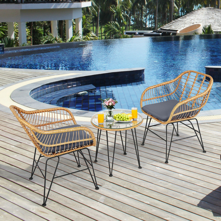 3 Pieces Rattan Furniture Set With Cushioned Chair Table - Image 6