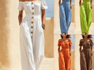 Short-sleeved Waist-cinched Wide-leg Jumpsuit