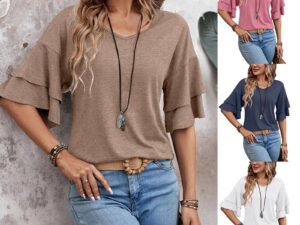 Loose V-neck Ruffle Sleeve T-shirt Fashion Solid Mid-sleeve Tops Women's Clothing