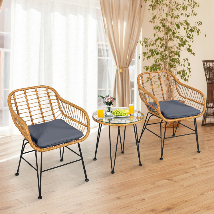 3 Pieces Rattan Furniture Set With Cushioned Chair Table - Image 5