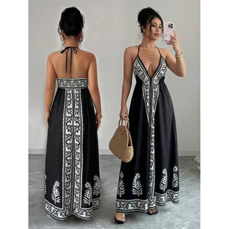 Printed V-neck Backless Long Slip Dress - Image 3