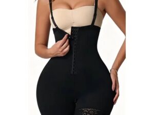 Women's Faja Bodysuit With Tummy Control, High Compression Waist Trainer Shapewear, Seamless Body Shaper With Lace Trim, Adjustable Straps, Zipper Crotch