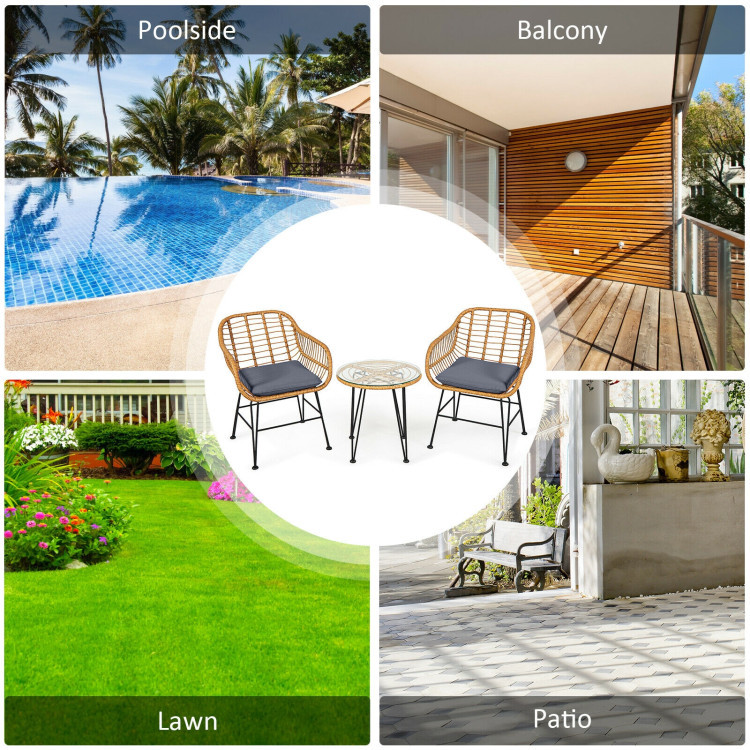 3 Pieces Rattan Furniture Set With Cushioned Chair Table - Image 9