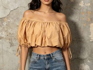 Off Shoulder Drawstring Puff Sleeve Cropped Blouse