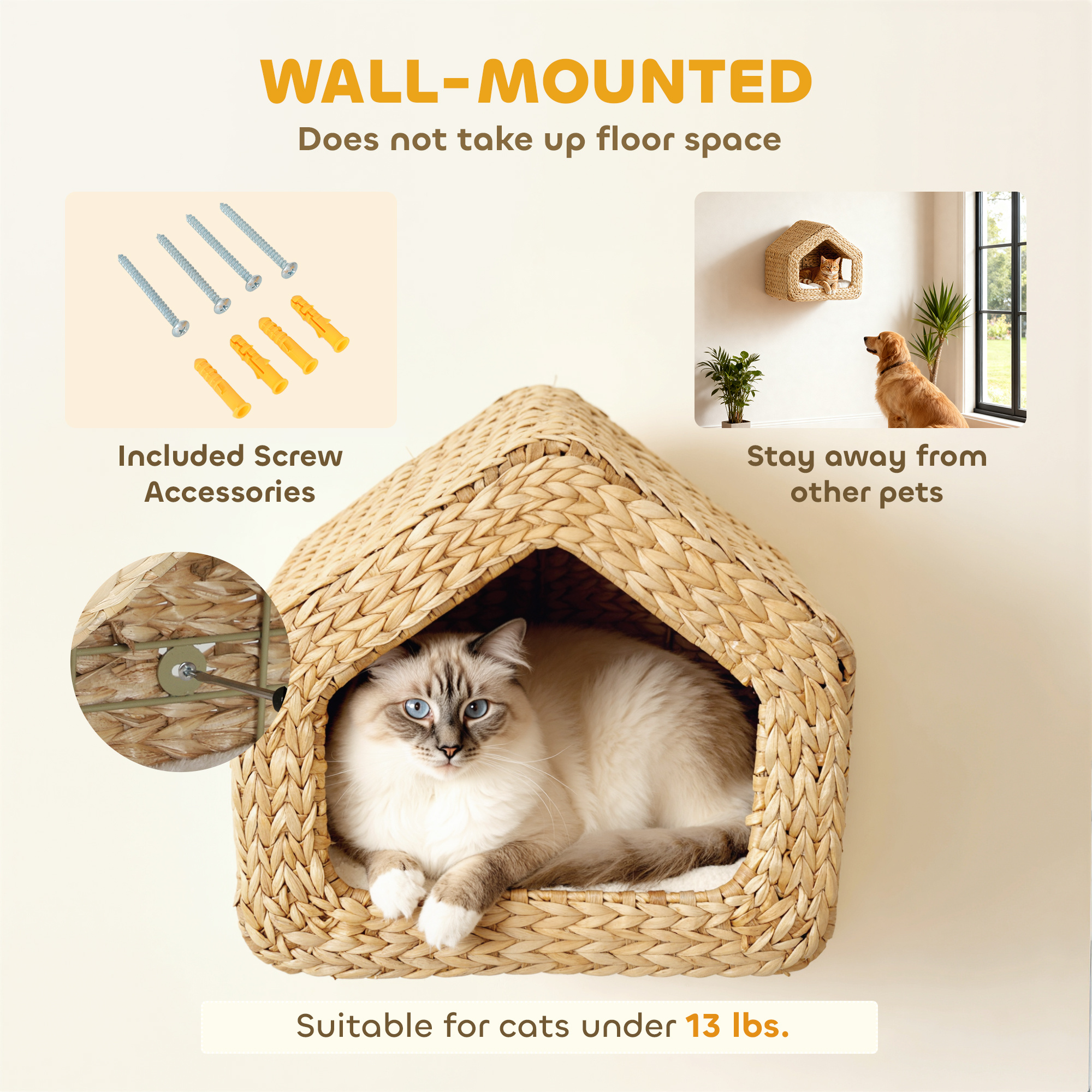 Wall Mounted Cat House, Cat Wall Furniture, Cat Wall Shelf With Washable Cushion, Natural - Image 2
