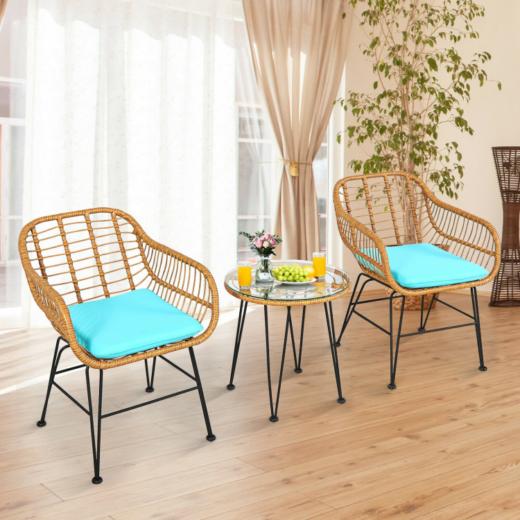 3 Pieces Rattan Furniture Set With Cushioned Chair Table - Image 2