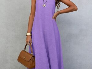 Womens Loose-fitting Plus-size Sleeveless Solid-color Dress