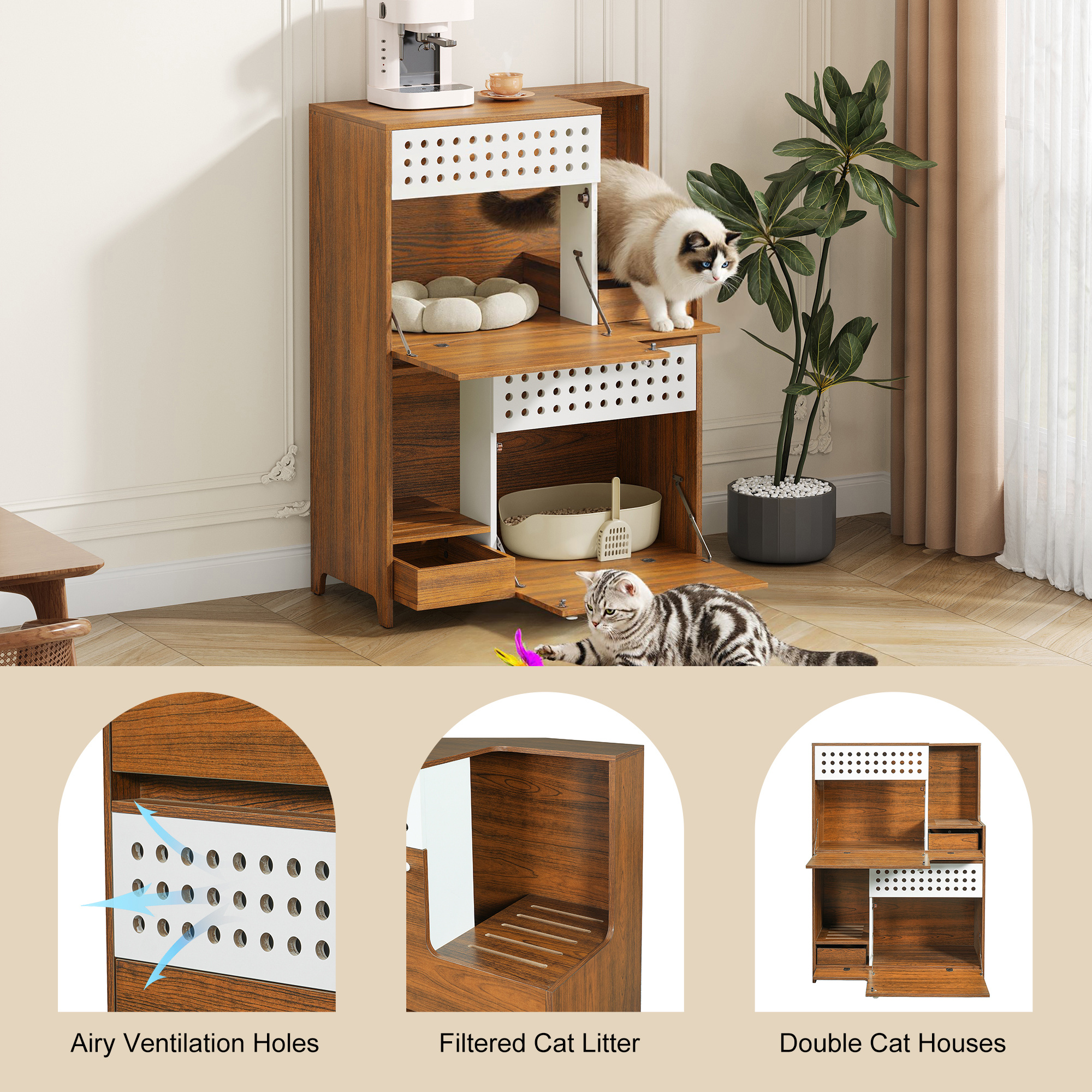 Modern 2 IN 1 Cat Furniture, Cat Litter Box Enclosure Side Table, Cat House With Storage, For 2 Small-Medium Sized Cats - BROWN - Image 5