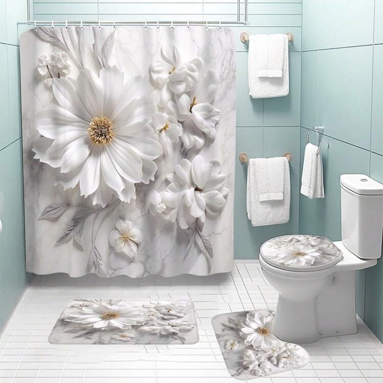 Simple Floral Pattern Waterproof Shower Curtain Suit - Image 2