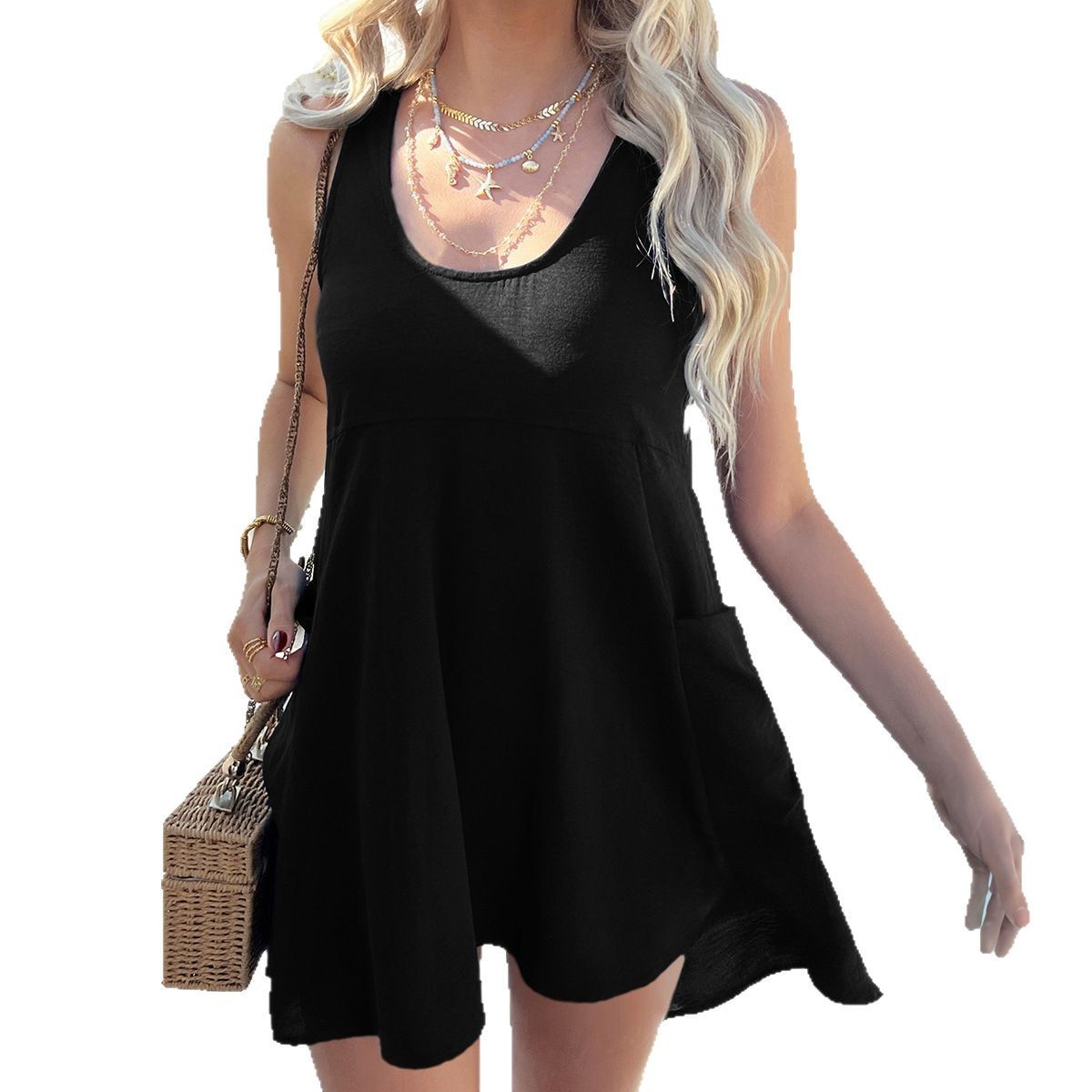 Casual Resort-Style Solid-Color Patchwork Pocket Vest Dress - Image 3