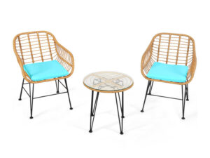 3 Pieces Rattan Furniture Set With Cushioned Chair Table