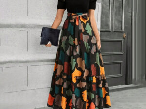 Printed Crew-Neck Long Dress Cross-Border Summer Womens Skirt