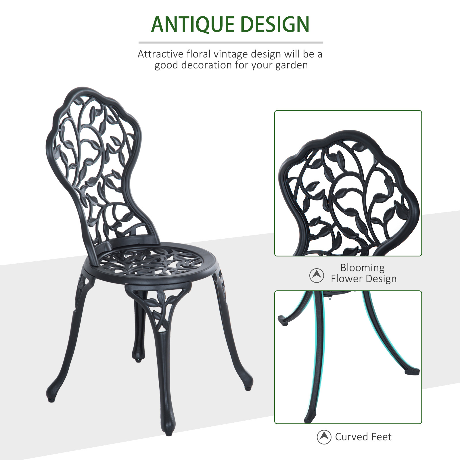 3 Pcs Aluminium Bistro Set Garden Furniture Dining Table Chairs Antique Outdoor Seat Patio Seater Black - Image 2