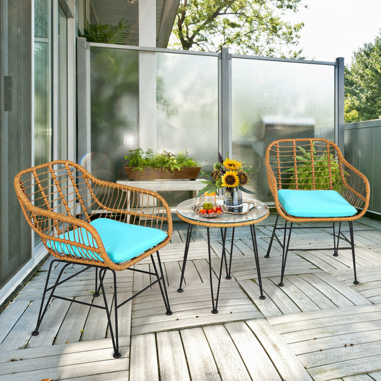 3 Pieces Rattan Furniture Set With Cushioned Chair Table - Image 5