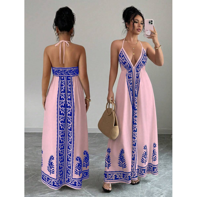 Printed V-neck Backless Long Slip Dress - Image 6