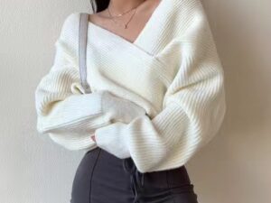 V-neck Solid-color Off-shoulder Knit Pullover For Women