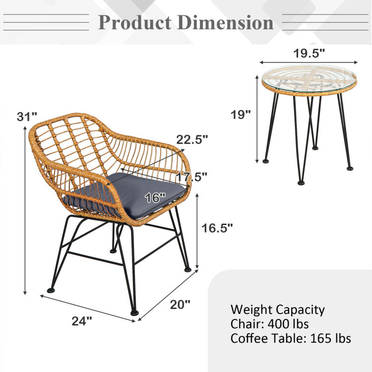 3 Pieces Rattan Furniture Set With Cushioned Chair Table - Image 4