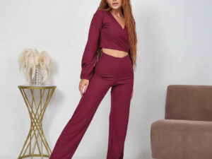 Figure-flattering Cropped Belted Top And Relaxed-fit Trousers Outerwear Set