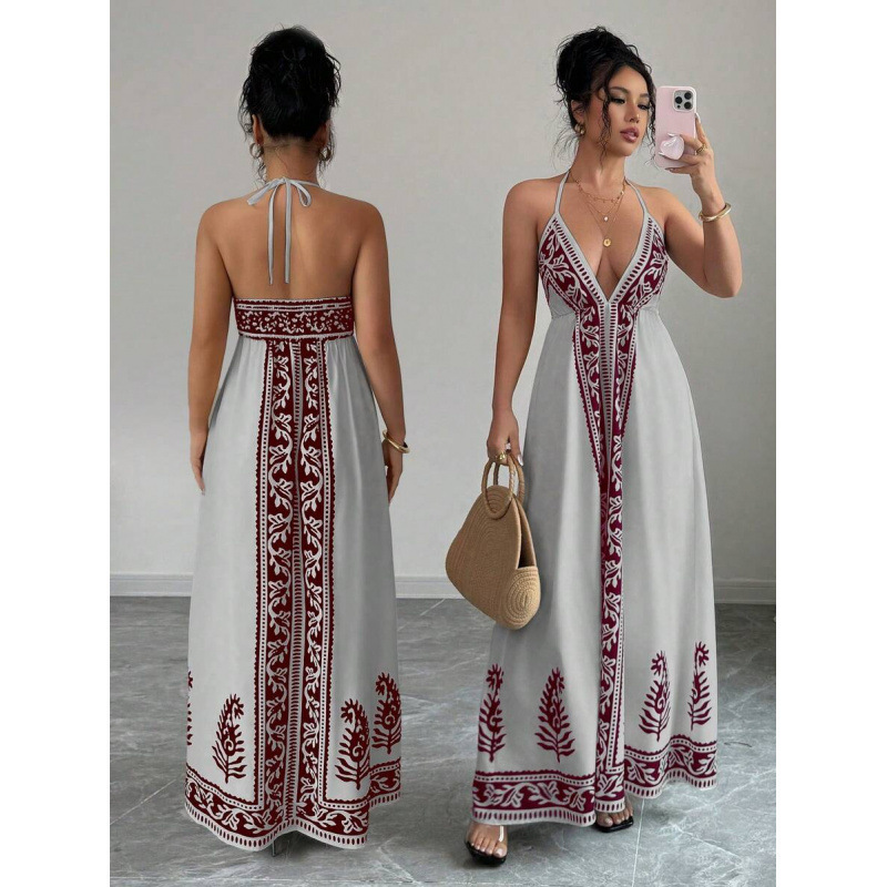 Printed V-neck Backless Long Slip Dress - Image 9