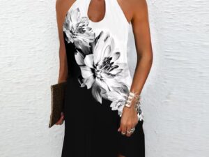 Casual Print Sleeveless Hanging Neck Hollow Out Dress