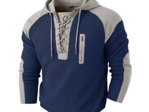 Mens Drawstring Hoodie Waffle-Weave Sweatshirt