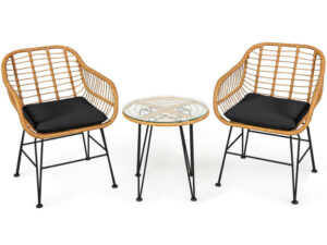 3 Pieces Rattan Furniture Set With Cushioned Chair Table