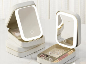 Makeup Storage Box With LED Light Mirror Portable Travel Makeup Cosmetics Storage Box Touch Light Storage Organizer