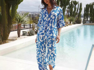 Womens SpringSummer Loose-Fit Printed Short-Sleeve Set