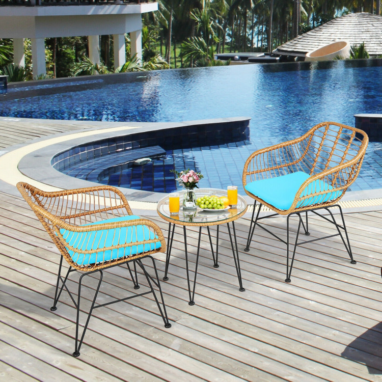3 Pieces Rattan Furniture Set With Cushioned Chair Table - Image 4