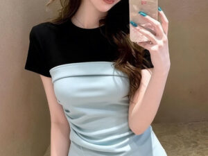 Stylish Faux Two-piece Color-block Patchwork Short-sleeve T-shirt