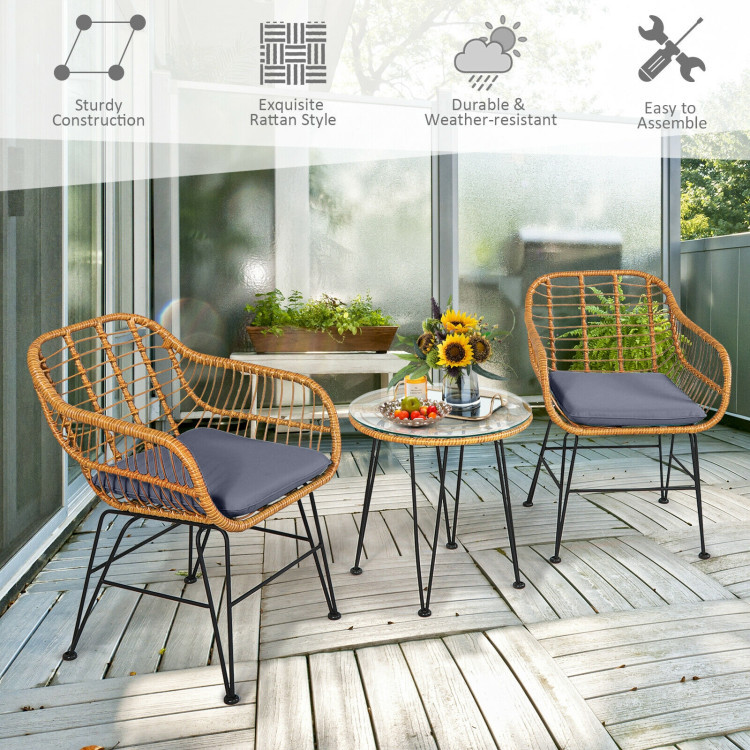 3 Pieces Rattan Furniture Set With Cushioned Chair Table - Image 10
