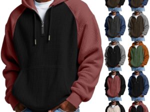 Color-block Waffle-knit Long-sleeve Hooded Jacket