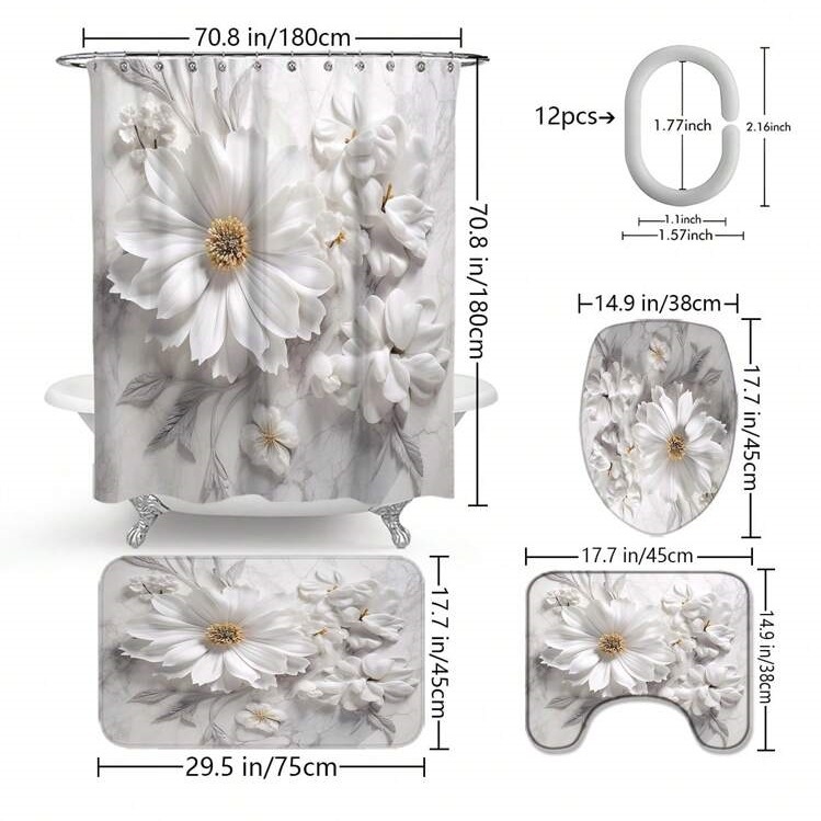 Simple Floral Pattern Waterproof Shower Curtain Suit - Image 5