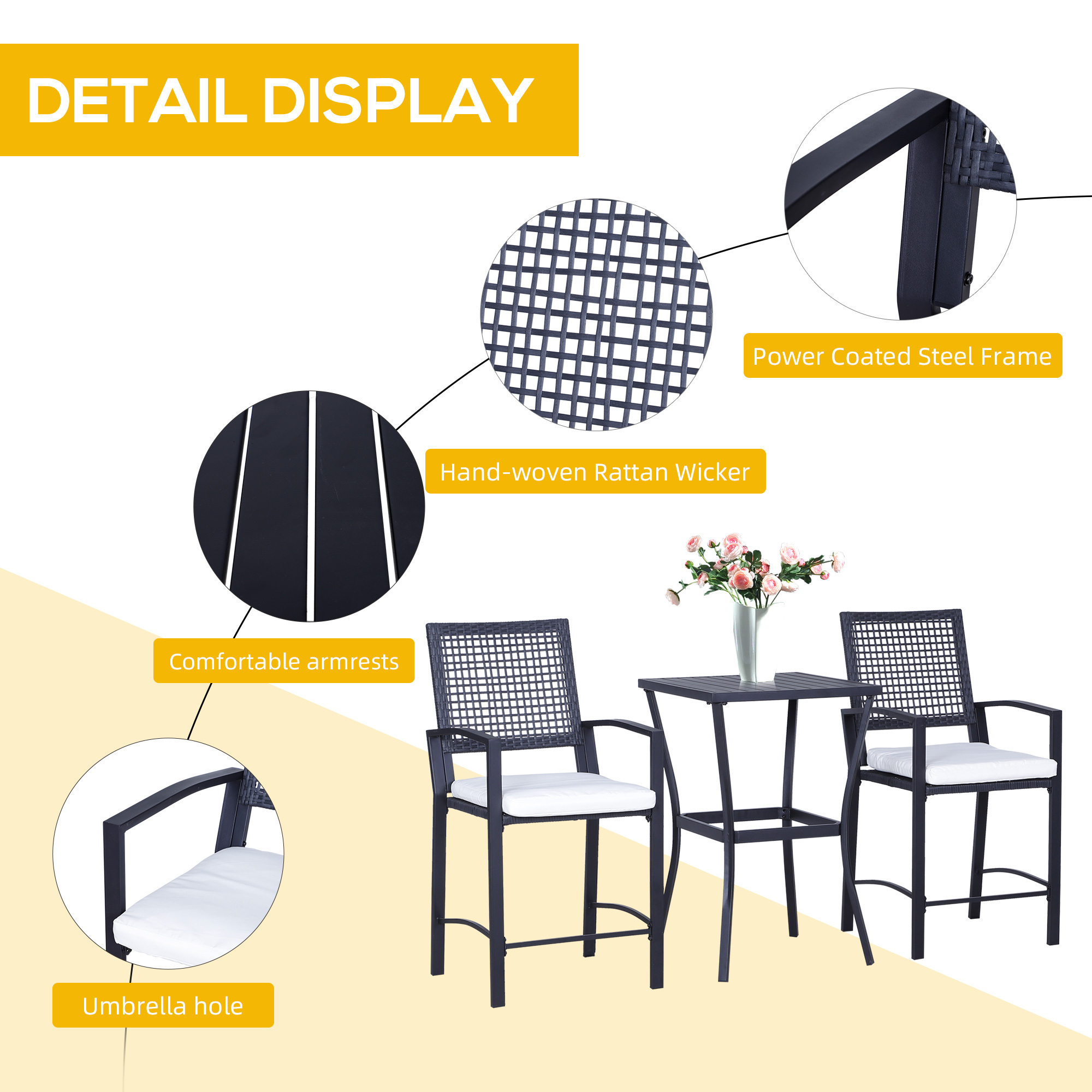 3pcs Patio Bar Set With Soft Cushion, Rattan Wicker Outdoor Furniture Set For Backyards, Lawn, Deck, Poolside - Image 4