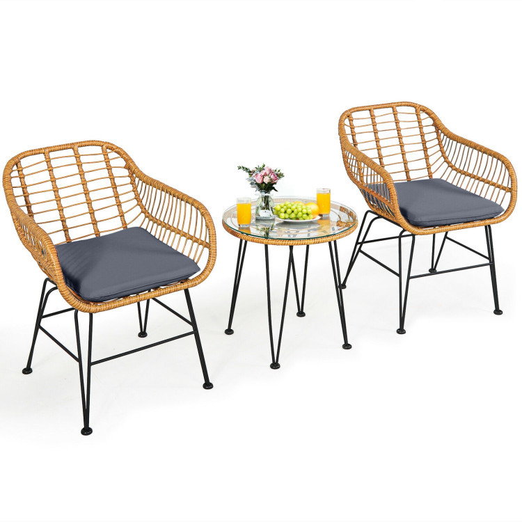 3 Pieces Rattan Furniture Set With Cushioned Chair Table - Image 3