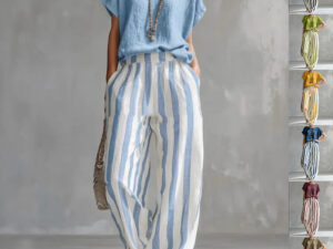 Short-sleeved Trousers Suit Summer Fashion Round Neck Pullover T-Shirt And Striped Print Straight Leg Pants Two-Piece Clothing For Women