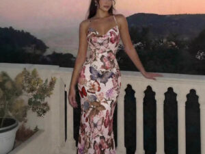 Elegant Floral-Print Halterneck Fishtail Midi Dress With Open Back