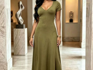 Womens Summer New Arrival American-Style Elegant Long Dress With V-Neck And Short Sleeves