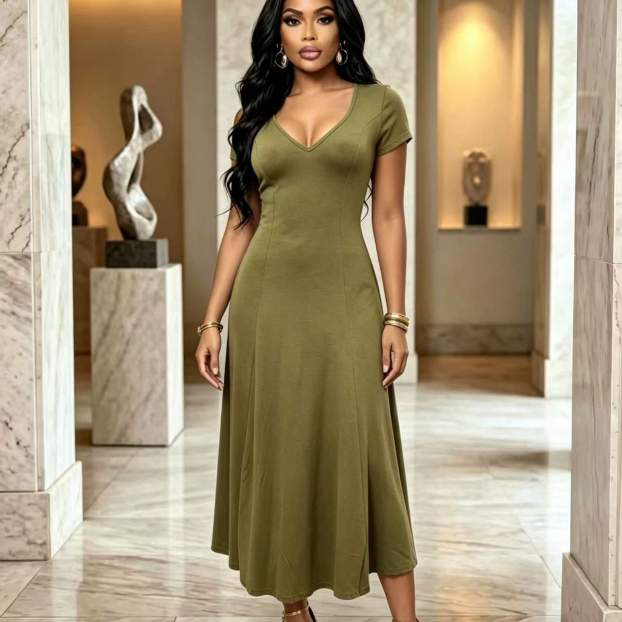 Womens Summer New Arrival American-Style Elegant Long Dress With V-Neck And Short Sleeves
