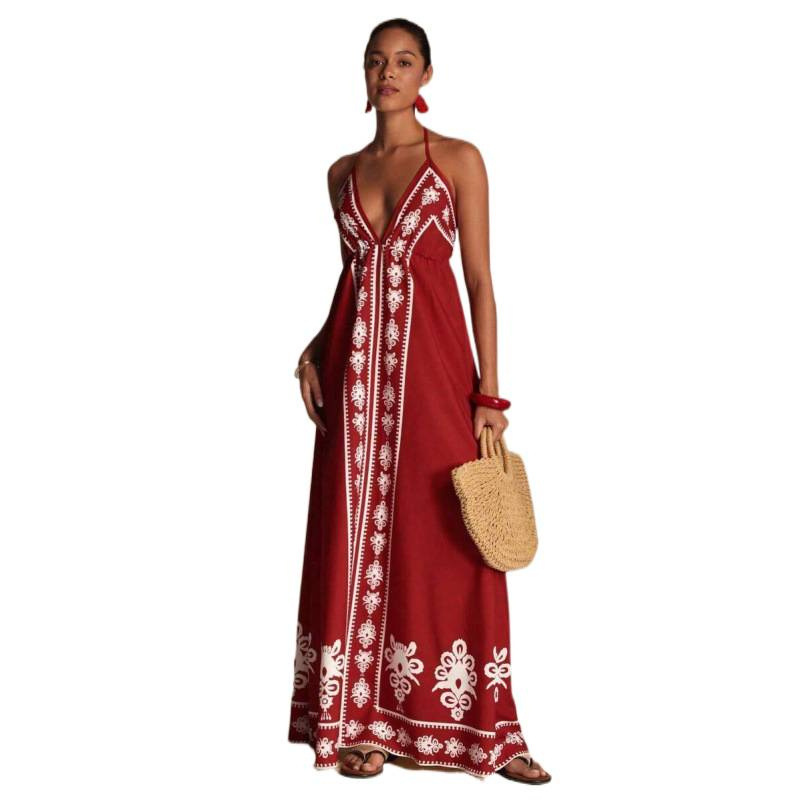 Printed V-neck Backless Long Slip Dress - Image 2