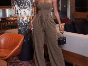 New Womens Casual Washed Strapless Jumpsuit With Wide-leg Pants