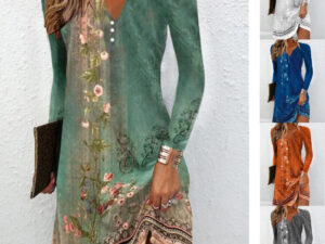 Long-sleeve V-neck Buttoned Asymmetrical Dress For Women