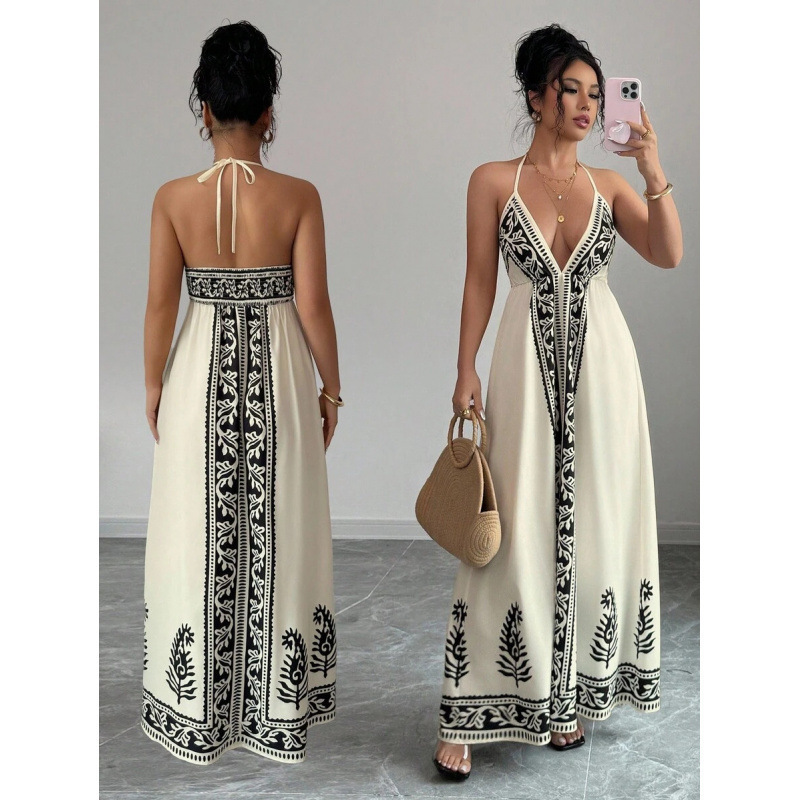 Printed V-neck Backless Long Slip Dress - Image 4